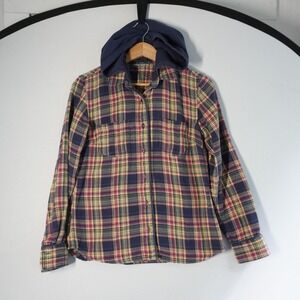 Horny‎ Toad Flannel Shirt Hooded Plaid Button Up Long Sleeve Casual S Pink Blue